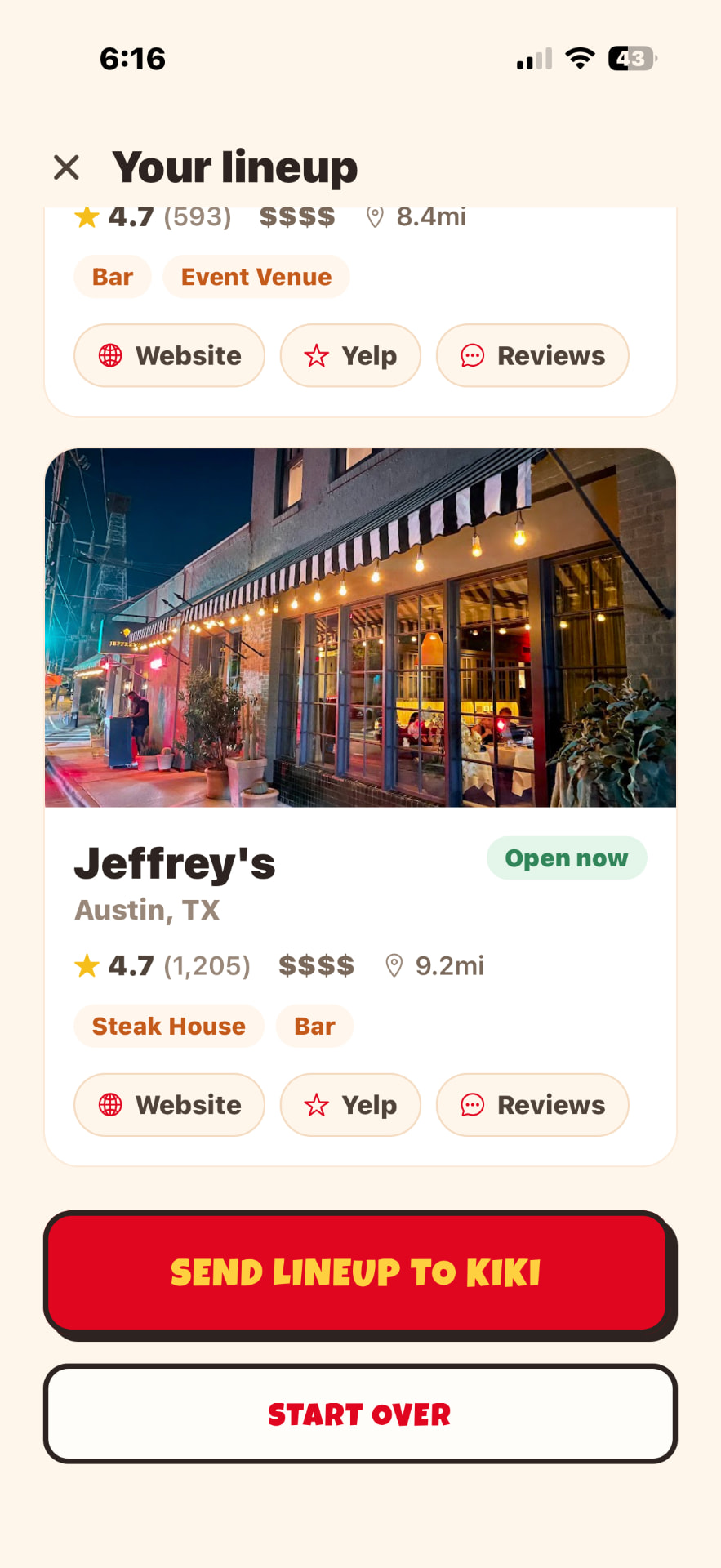Restaurant lineup screen
