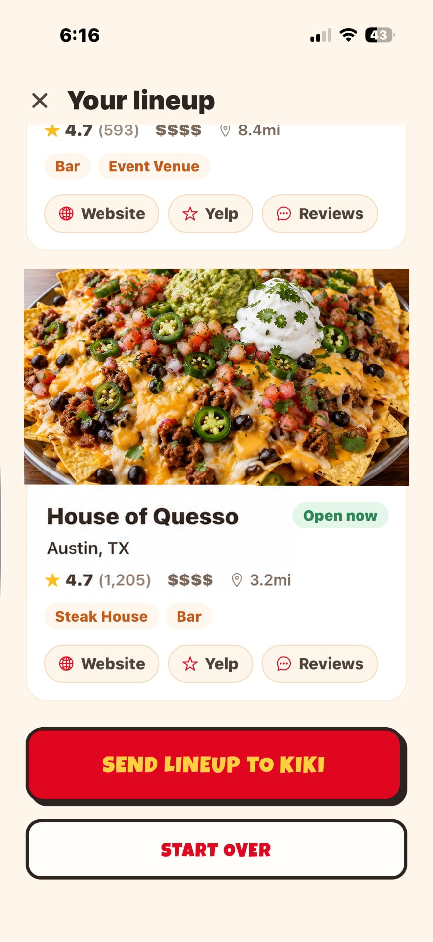 DindrTime lineup screen with an appetizing loaded nachos photo for Quesso's